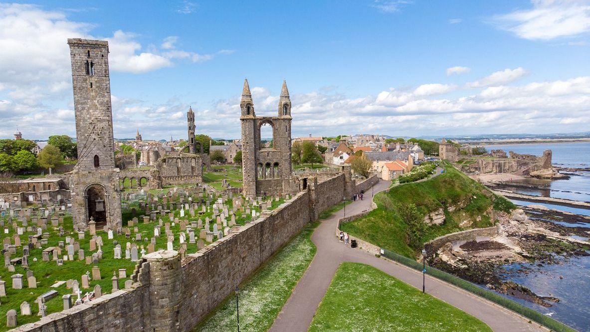 St Andrews Cathedral ruins and St Rule's Tower overlooking the harbour
