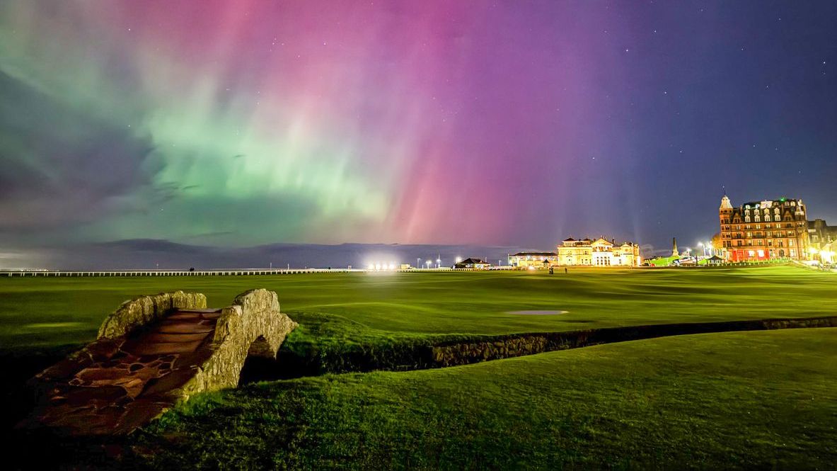 Northern Lights over the Old Course and Swilcan Bridge in St Andrews
